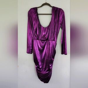 Metallic V Neck Long Sleeve Mini Dress |Elegant Purple Women's Dress